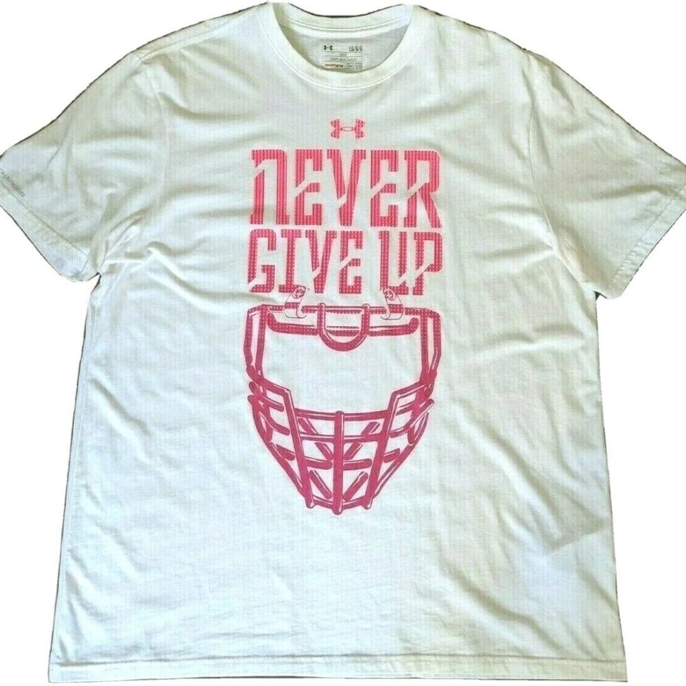NWOT Under Armour Men's Never Give Up Breast Cancer Facemask Football T-Shirt